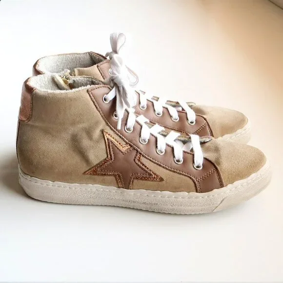The Shoe Box Beige Suede & Brown Leather High Top Sneakers Lace-up w Star 8.5 - Picture 15 of 16